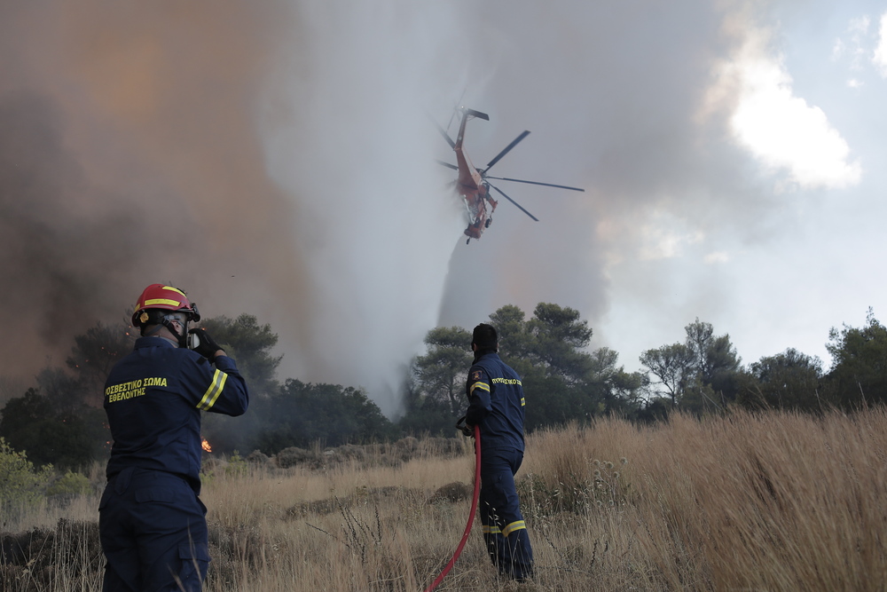 El fuego quema árboles durante un incendio forestal en la aldea de Palagia, al norte de Grecia.  / EFE