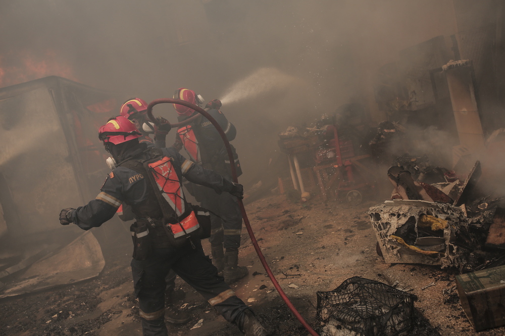 El fuego quema árboles durante un incendio forestal en la aldea de Palagia, al norte de Grecia.  / EFE