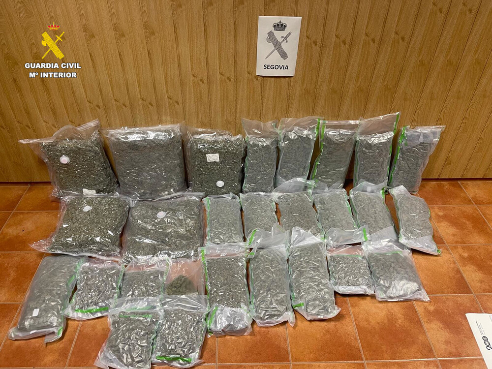 En el interior de las maletas la Guardia Civil encontró 27 maquetas de marihuana plastificados y prensados. 