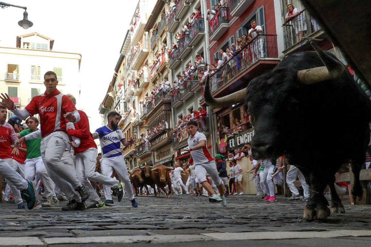 Los toros de Domingo Hernández en el quinto encierro de los Sanfermines  / J.P. URDIROZ