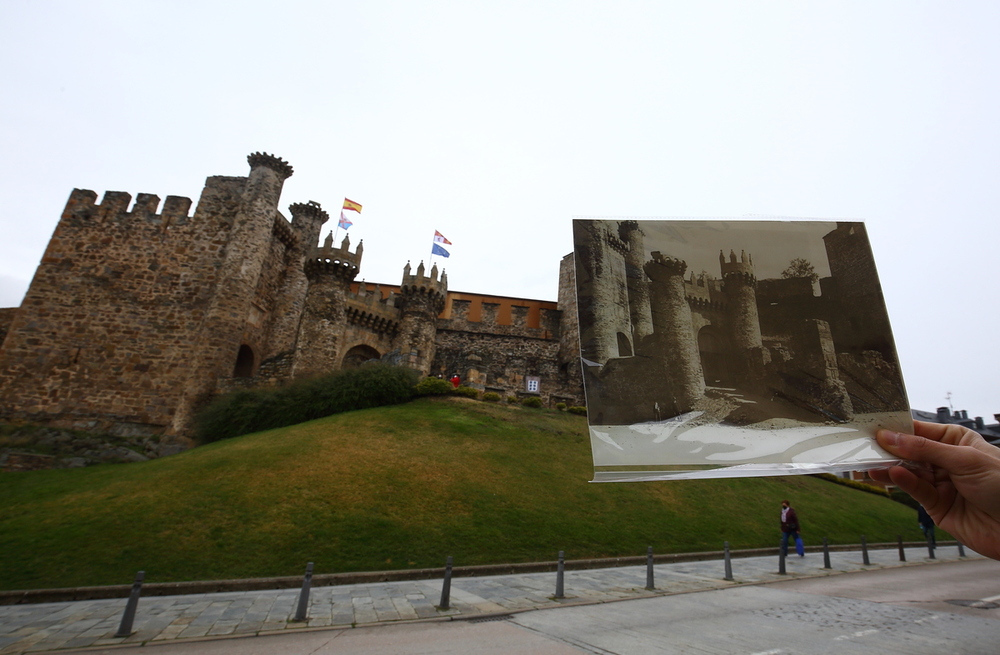 Vista actual del Castillo de los Templarios de Ponferrada junto a la foto de Winocio Testera, de la década de los 20 del siglo XX. 