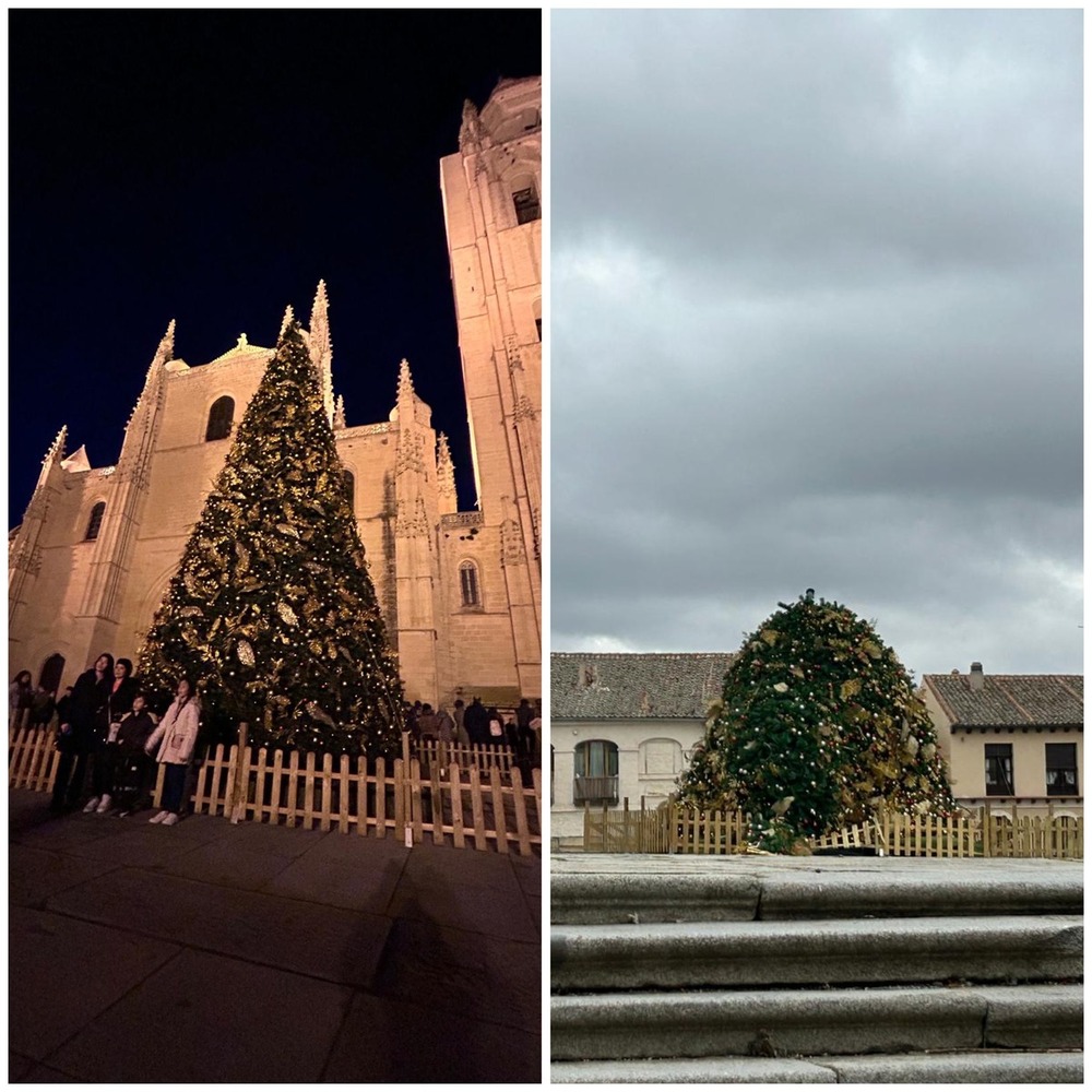 El árbol de Navidad de la Catedral el pasado 22 de noviembre. A la derecha, estado en el que ha quedado el 5 de enero.